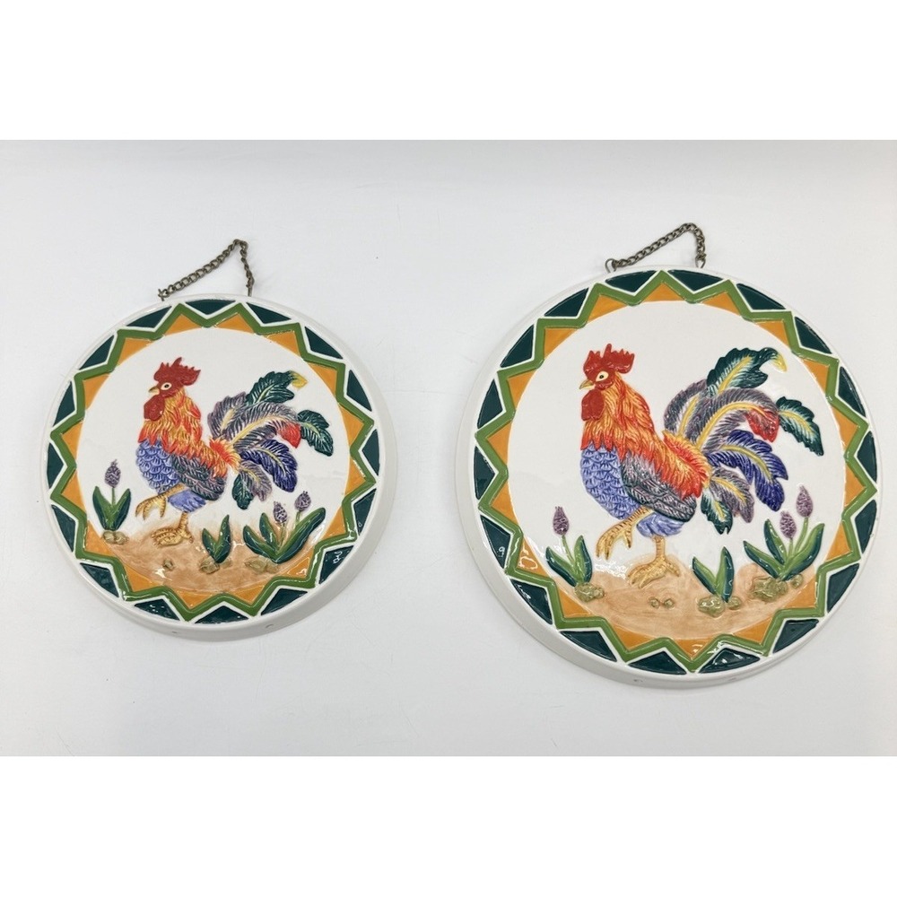 2- Vintage KK Americana Ceramic Rooster Wall Accents‎ Chain Hanging 10.5" & 8.5"